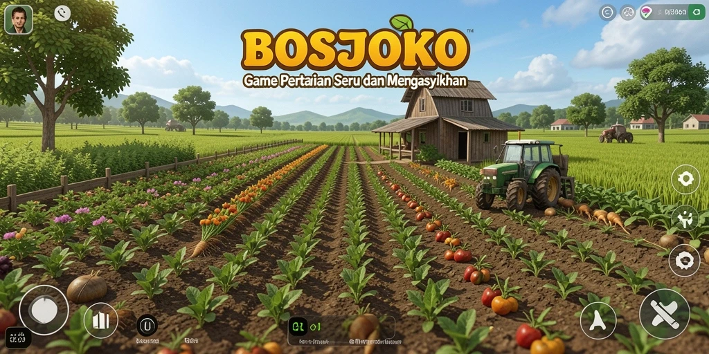 Screenshot utama BOSJOKO menampilkan gameplay pertanian yang menarik.
